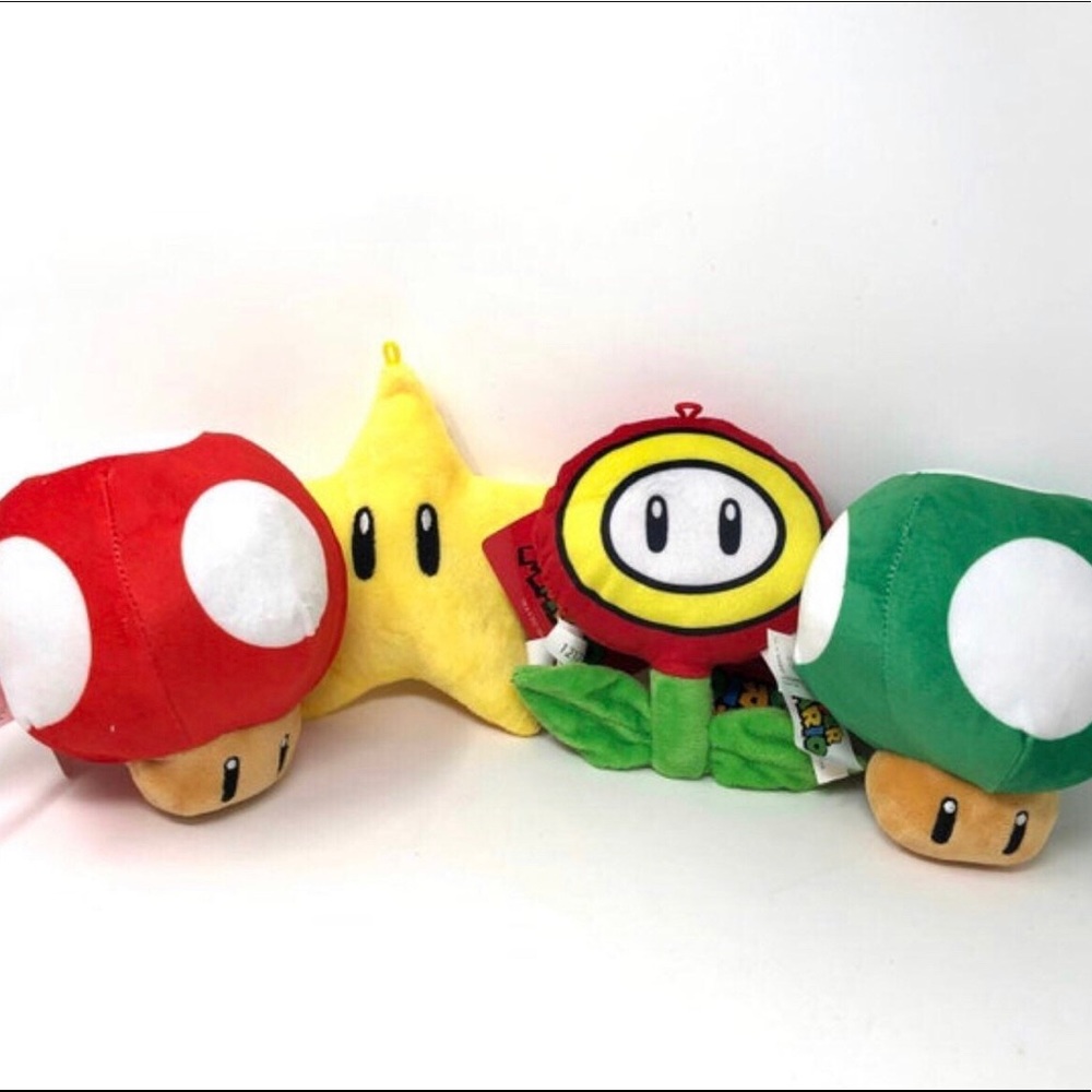 Set Of 4 Super Mario Fire Flower, Super Star,Super Mushroom & 1up Mushroom Plush